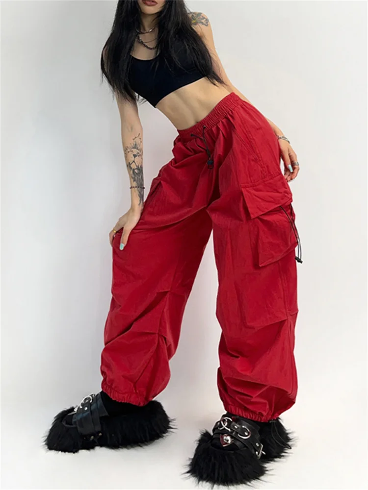 Deeptown Cyber Y2K Red Parachute Pants Women Kpop Streetwear Gray Cargo Trousers Oversized Egirl Punk Black Wide Leg Pantalones