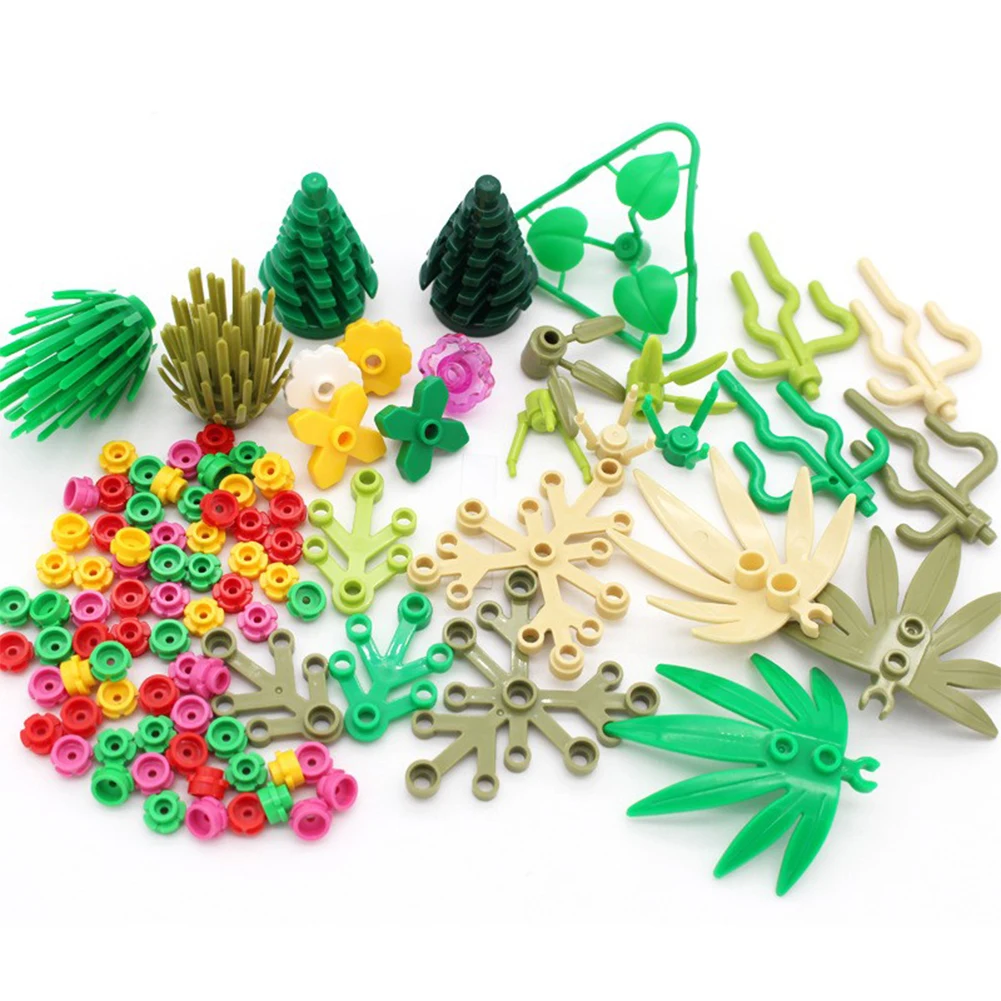 MOC 식물 나무 액세서리 블록 잔디 잎 꽃 덤불 퍼즐 장난감 DIY 정글 도시 집 거리 어린이 선물