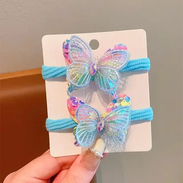 Korean Style Sequin Girl Butterfly Hair Loop Hair Rope Does Not Harm Hair, Cute Towel Loop High Ponytail Headwear (2 Pcs)