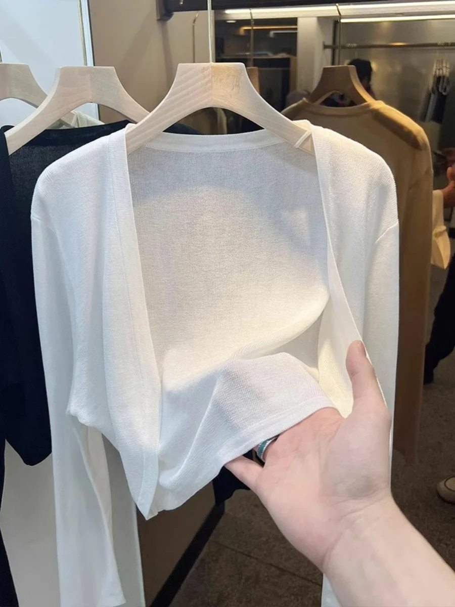 Elegant Ice Silk Sun Protection Short Cardigan Women's Summer Thin Shoulder Baring Vest Transparent Outerwear Long Sleeve