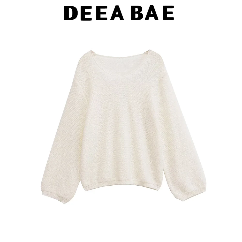 

DEEABAE осенне-зимняя женская одежда, новый стиль, простой свободный вязаный свитер в ленивом стиле с v-образным вырезом и рукавами-пузырьками