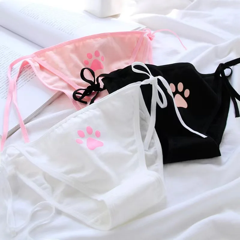 Lolita Girl's Cute Cat Paw Printed Briefs Young Girls Wearing Strappy Thong Japan Anime Animation Luoli's No Take Off Panties