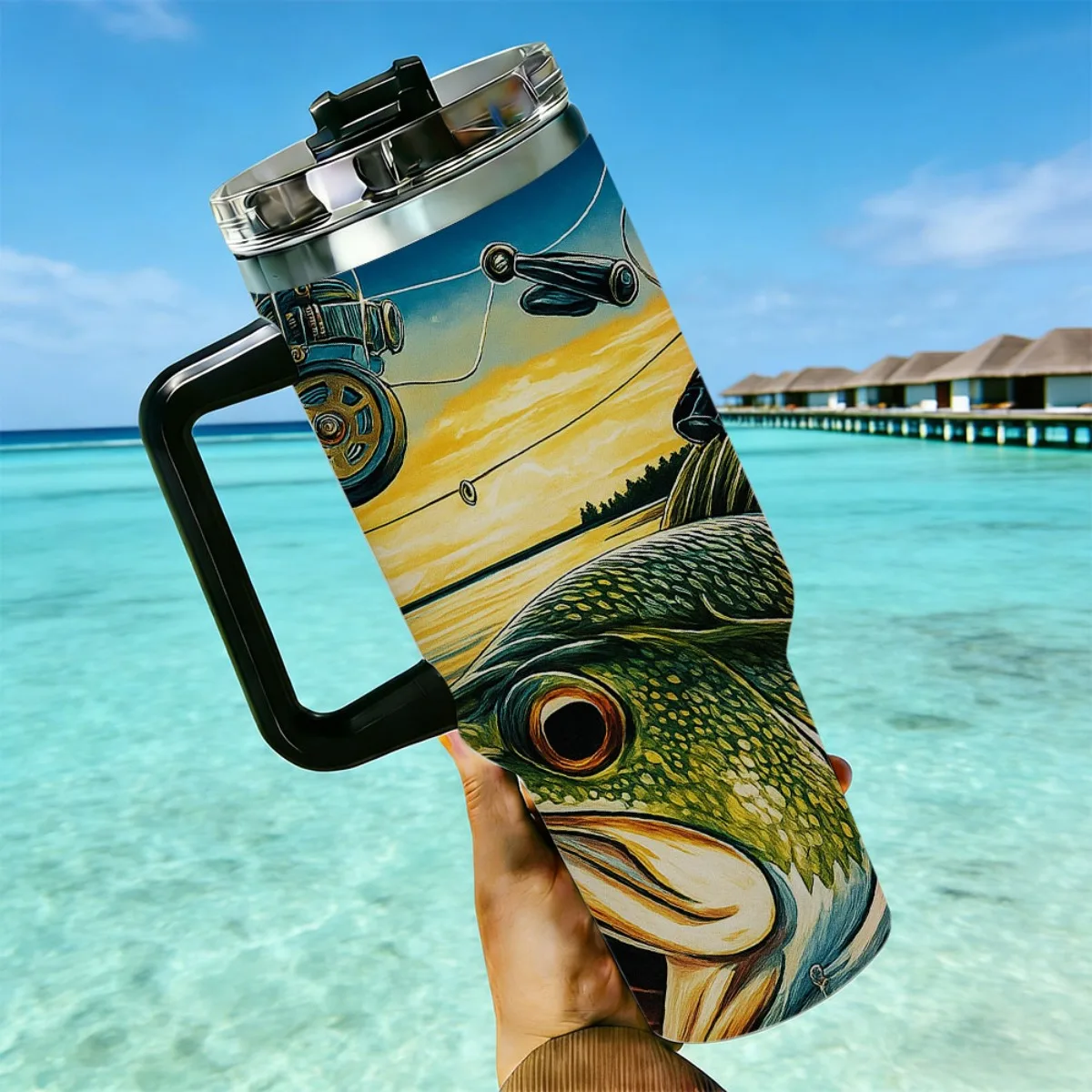 40oz Bass Fishing Rod Sunset Lake Print Stainless Steel Tumbler With Handle Straw Lid 24 Hours Cold Insulated Travel Water Cup