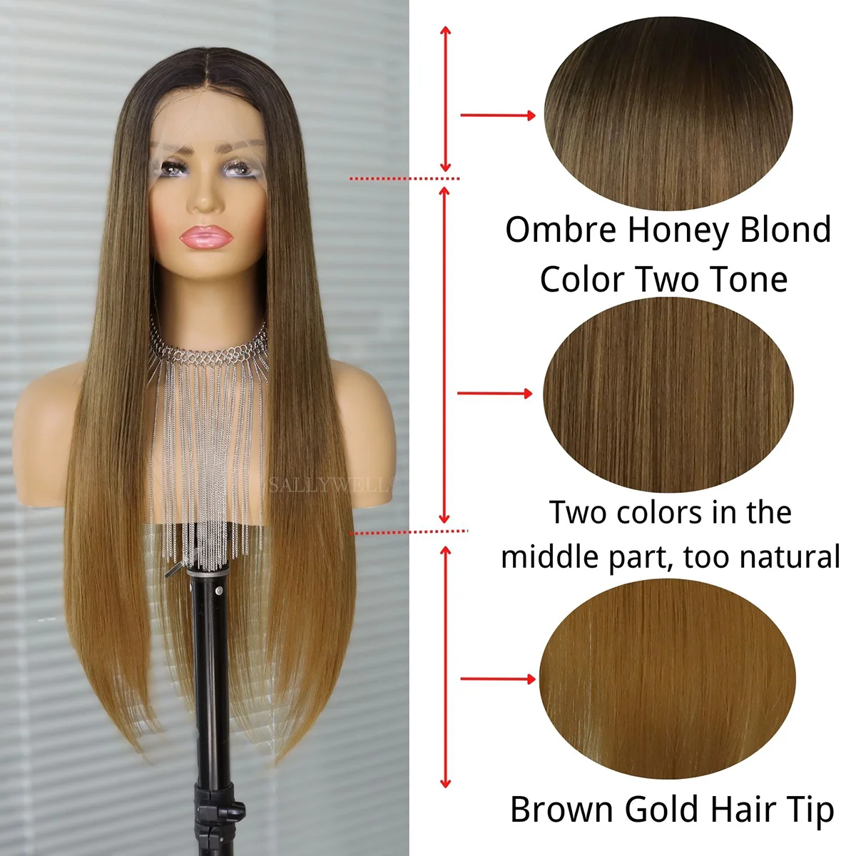 Ombre Brown Long Straight Lace Front Wig for Women Glueless 3-Tone Brown Wigs Pre Plucked Heat Resistant Synthetic Hair Wig