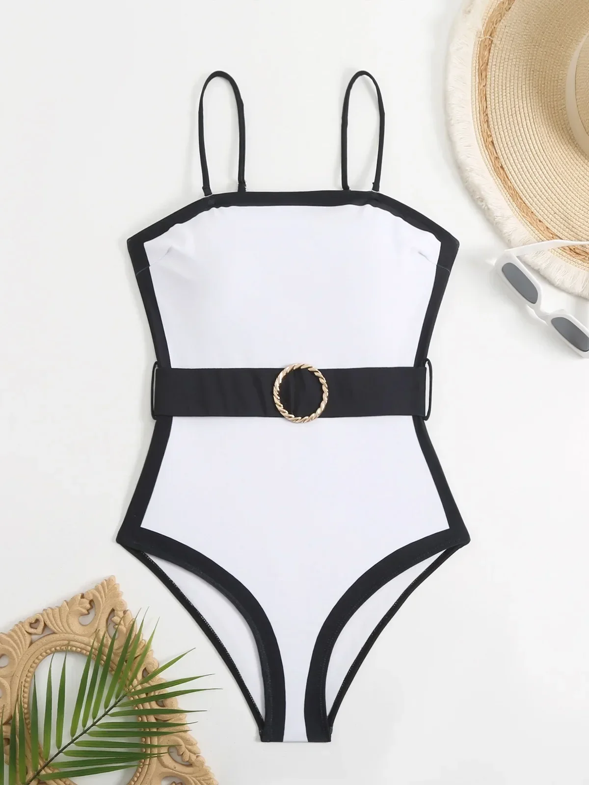 Conjunto de traje de baño de una pieza para mujer, traje de baño de malla de manga larga con protección solar, Bikini Monokini ajustado con cinturón de retazos en blanco y negro 2024