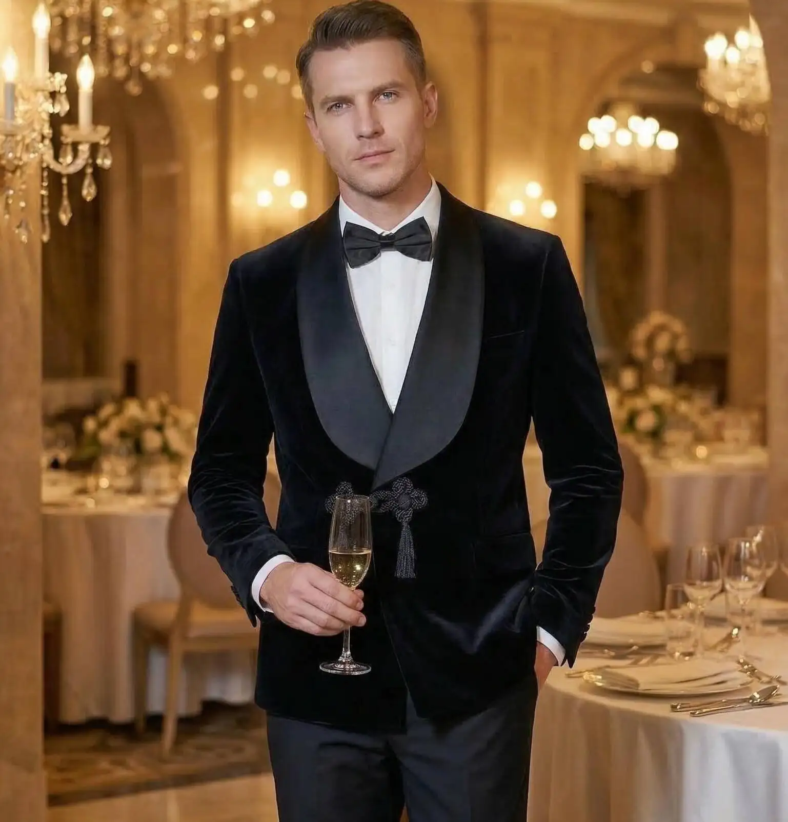 

Новый черный бархатный смокинг-костюм из двух частей: мужской пиджак с пуговицами, роскошный дизайнерский наряд для жениха, свадьбы, вечеринки