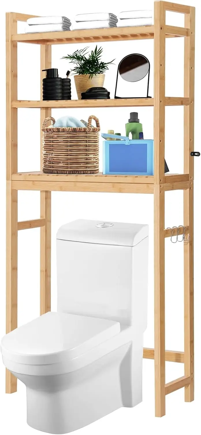 

Over The Toilet Storage Cabinet, Bamboo Adjustable 3-Tier Above Toilet Shelf, Stable Freestanding Above Toilet Organizer with