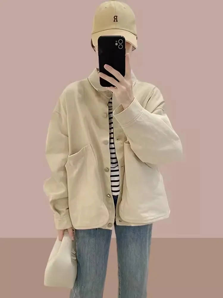 

Spring Autumn 2026 New Style Women's Short Jacket Utility Coat Trendy Top plus Size Compact Design Cotton Long Sleeve Button up