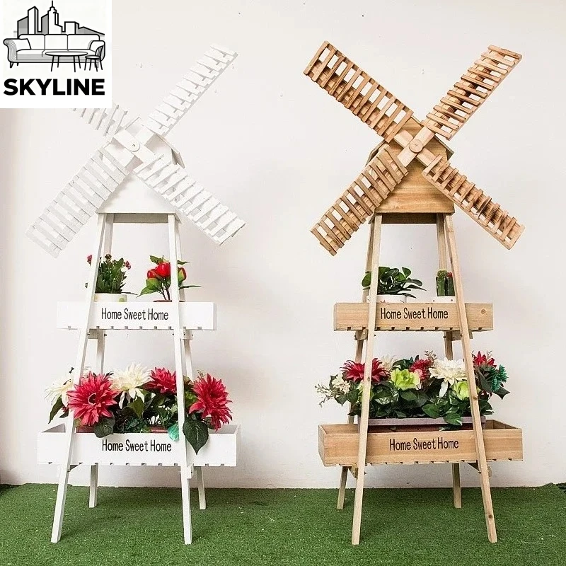 Solid Wood Kitchen Plant Shelves for Living Room Decoration Multi-layer Windmill Shape Bedroom Flower Stand for Home Furniture