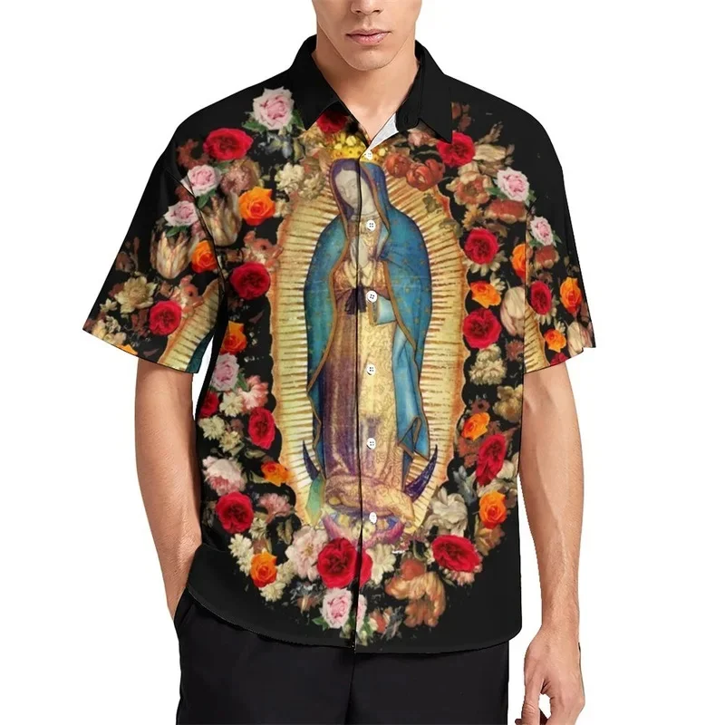 

Mary God Jesus Graphic Hawalian Shirt Men Flower Christianity 3D Print Beach Shirts Casual Short Sleeve Button Lapel Top Blouses