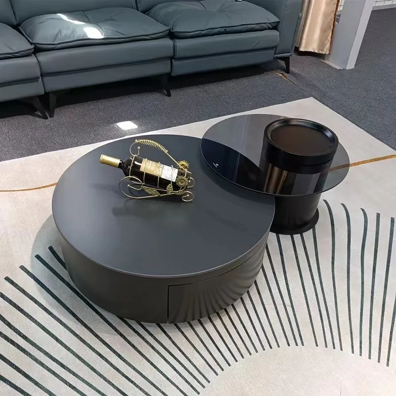 Light luxury solid wood, black rock slab, large and small round coffee table, combination of high-end round coffee table, Italia