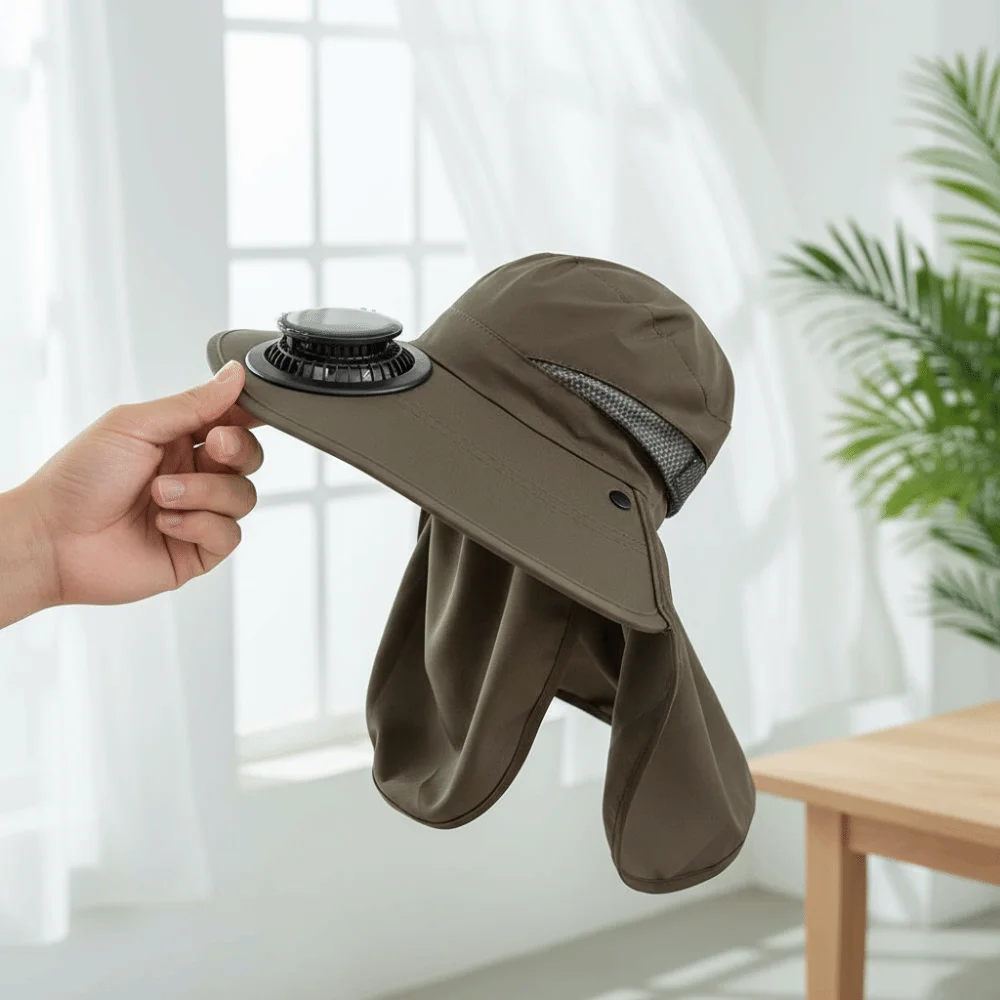 

Portable Solar Rechargeable Fan Hat Adjustable Long-lasting Fishing Sun Shading Cap 300mA with Face Cover Wide Brim Fan Hat
