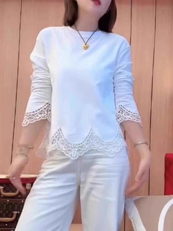 

Женская футболка с кружевными вставками из чистого хлопка, больших размеров, весенняя новинка, утягивающая, скрывающая живот, белая, для ношения под одеждой