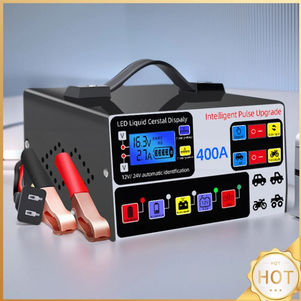 400A Heavy Duty Smart Battery Charger 12V/24V Battery High Power Fast Charger LCD Display Intelligent Pulse Repair Charger 220W