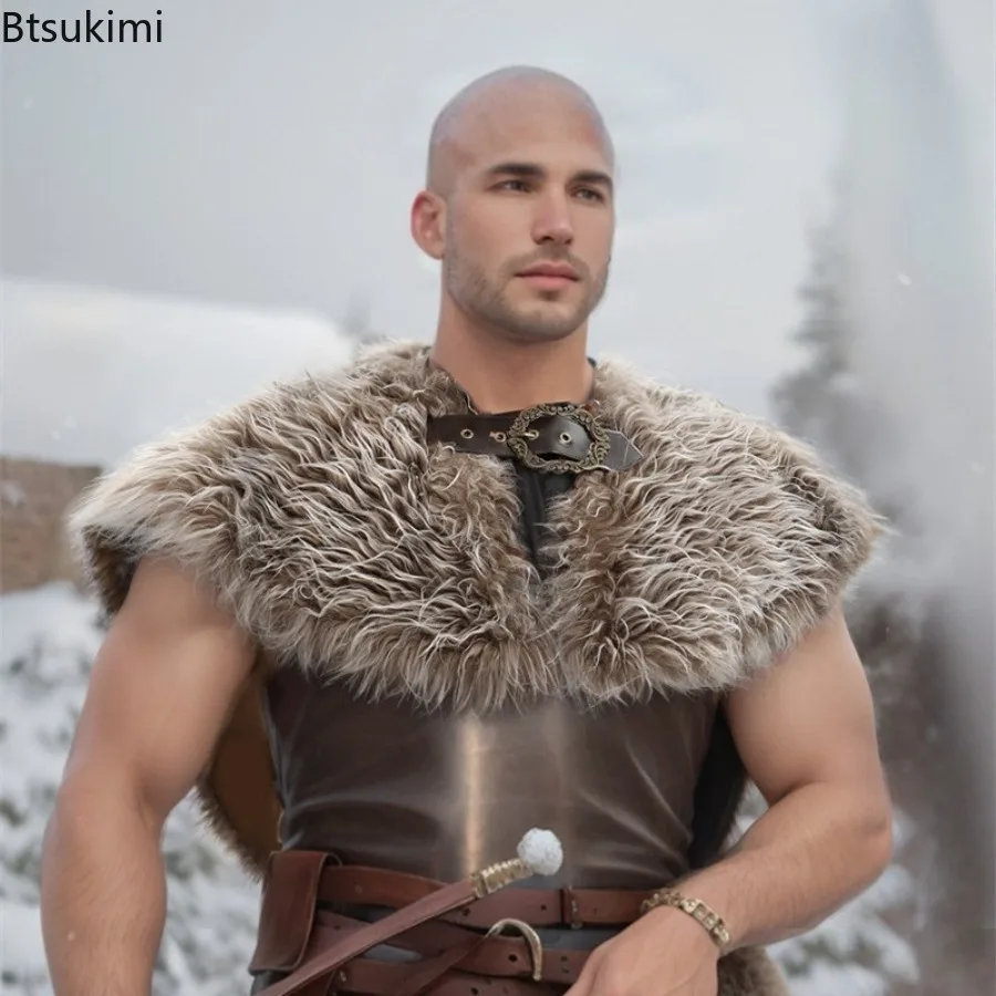 Men Viking Faux Fur Shawl Medieval Renaissance Spartans Warrior Mantle Shoulder Wrap Collar Halloween Cosplay Costumes Accessory