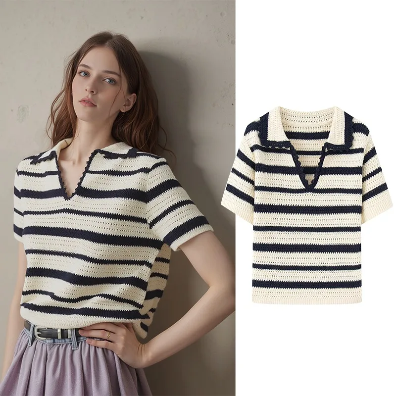 

Pullover Women Short Sleeve Knit Striped V-neck Summer Knitwear Tops Women's Sweater Pretty Sweaters New Jumpers 2025