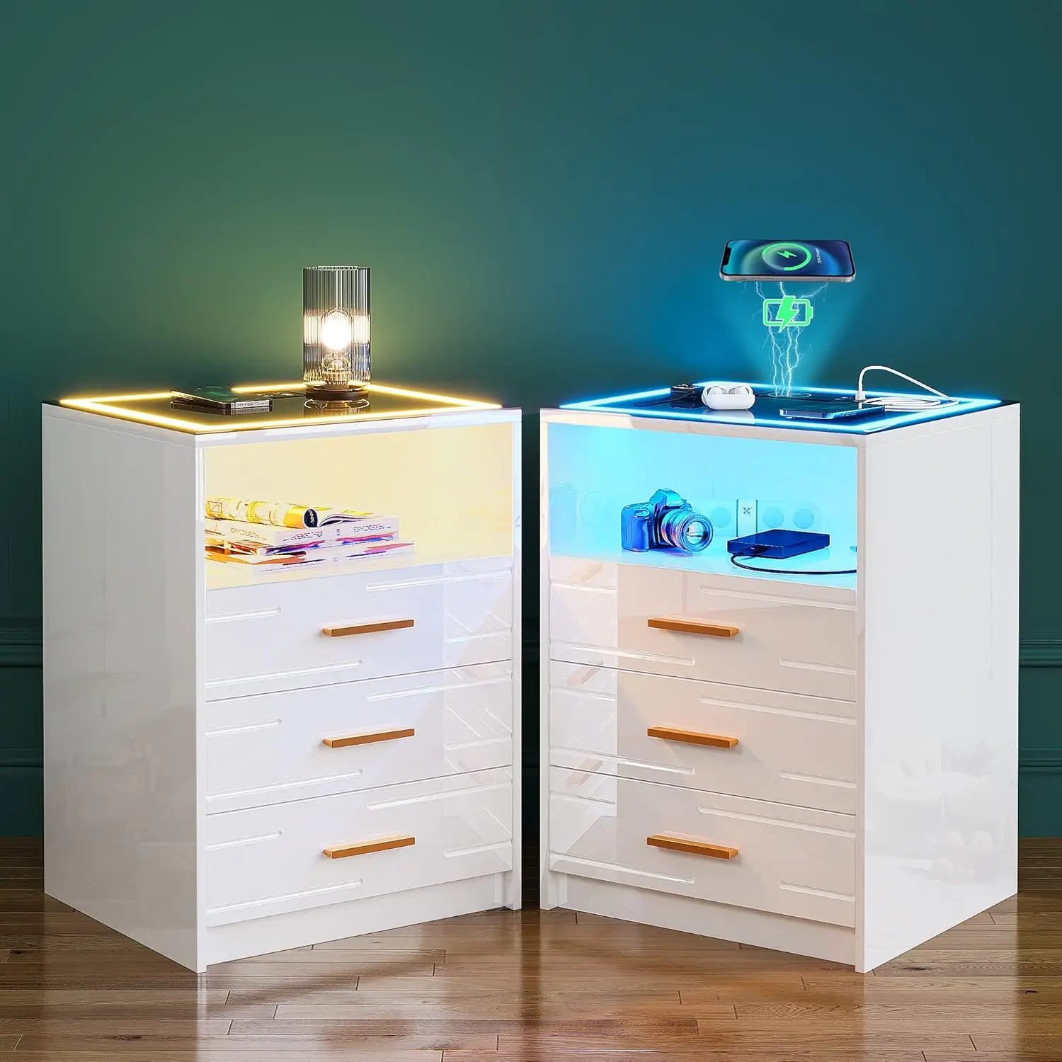 

LED Nightstand Set Of 2 With Wireless Charging USB&Type-C Ports 3-Color Dimmable Touch Screen Bedroom Office White, Customized