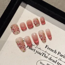 Handmade Press on Nails French Cat Eye Shiny Fake Nails with Flower Printed for Women Girl Wearable Gradient Color False Nails