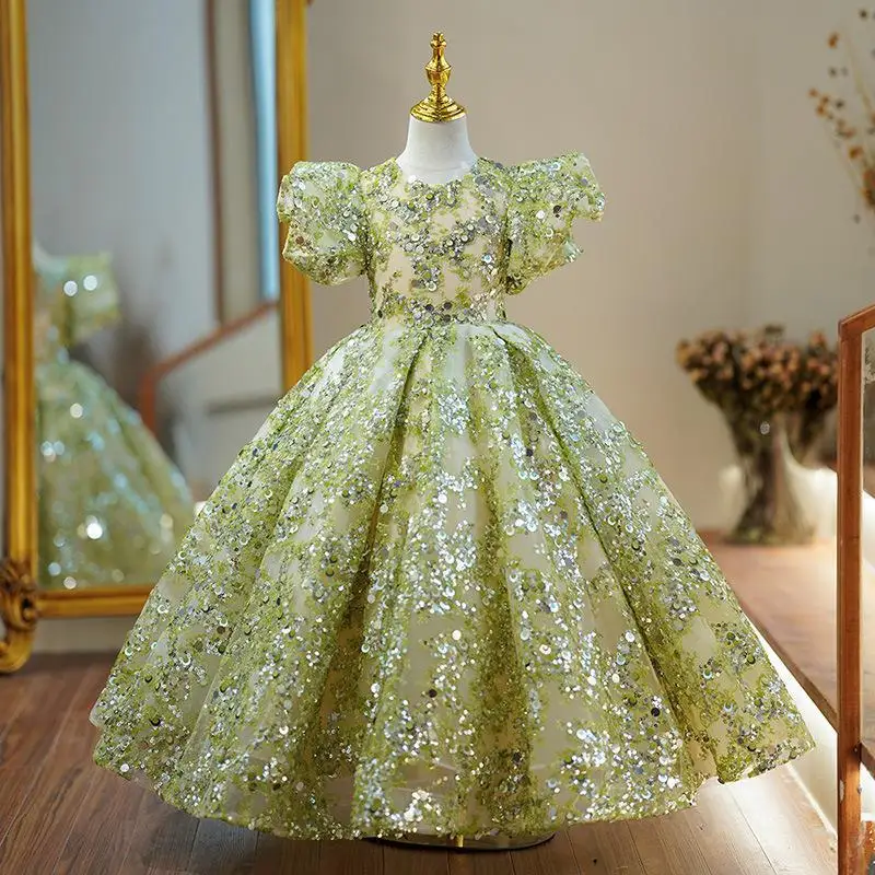 

Charming Sage Sequined Kids' Dresses O-Neck Puffy Long Young Girl Prom Birthday Party Dress Flower Girl Wedding Gown Pageant