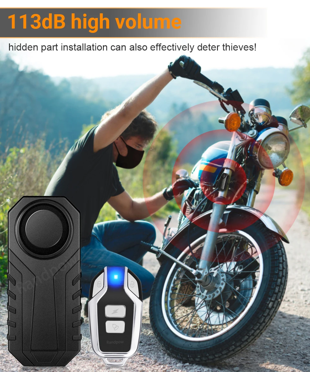 Randpow Waterproof Motorcycle Bicycle Safe Wireless Remote Control Anti-Theft Alarm Vibration Sensor 113dB Loud Security Alarm