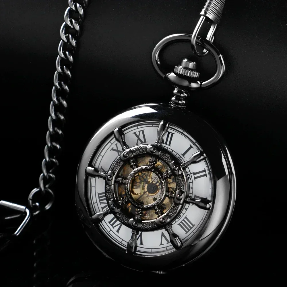 

Vintage Black Hollowed-Out Mechanical Manual Pocket Watch Gold Roman Digital Skull Dial Pendant Automatic Antique Clock Gifts