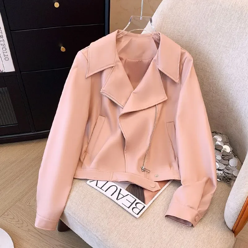 Black Pink PU Short Leather Coat Women 2025 Spring Autumn New Fashion Slim Lapel Motorcycle Jacket Ladies Zipper Outerwear B844