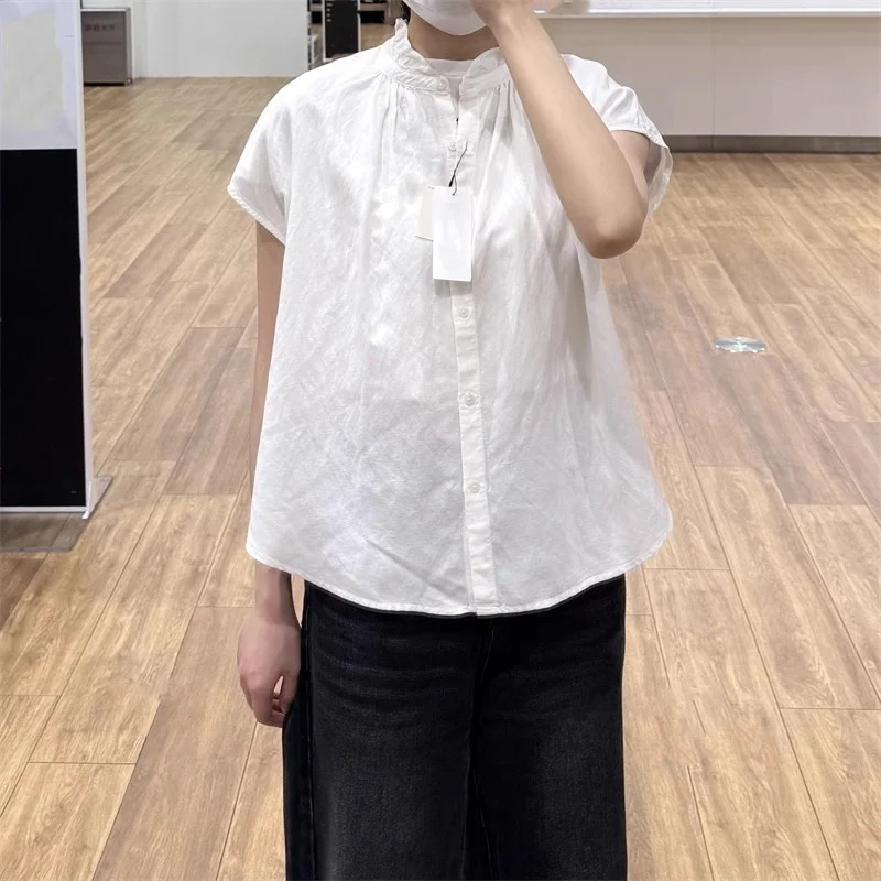 

Summer Women's Casual irt Loose Fit Polyester Blend ort Sve Pleated Hemline Cheered Pattern Button up Top