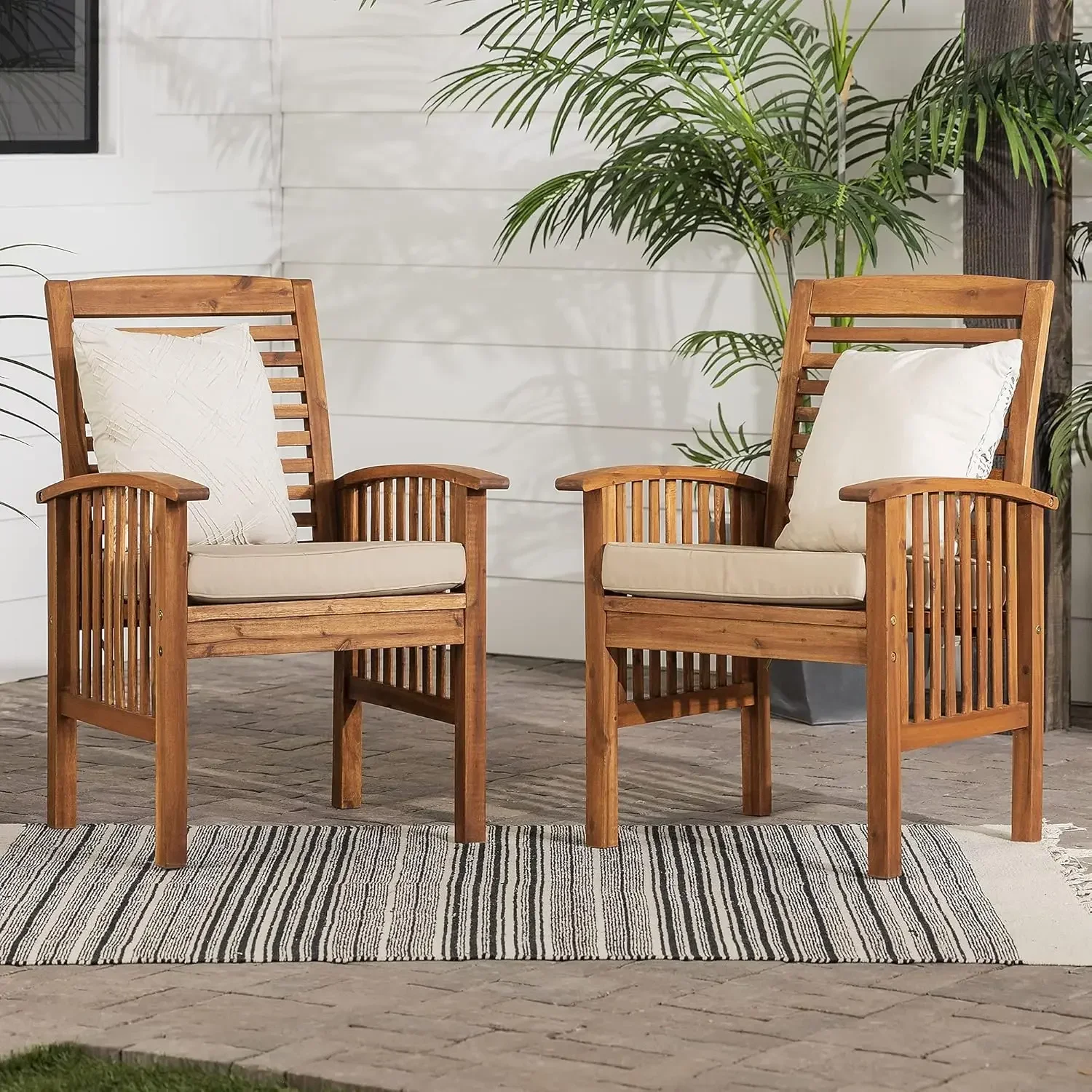 Edison Rendezvous Modern 2 Piece Solid Acacia Wood Slat Back Outdoor Dining Chairs, Set of 2, Brown