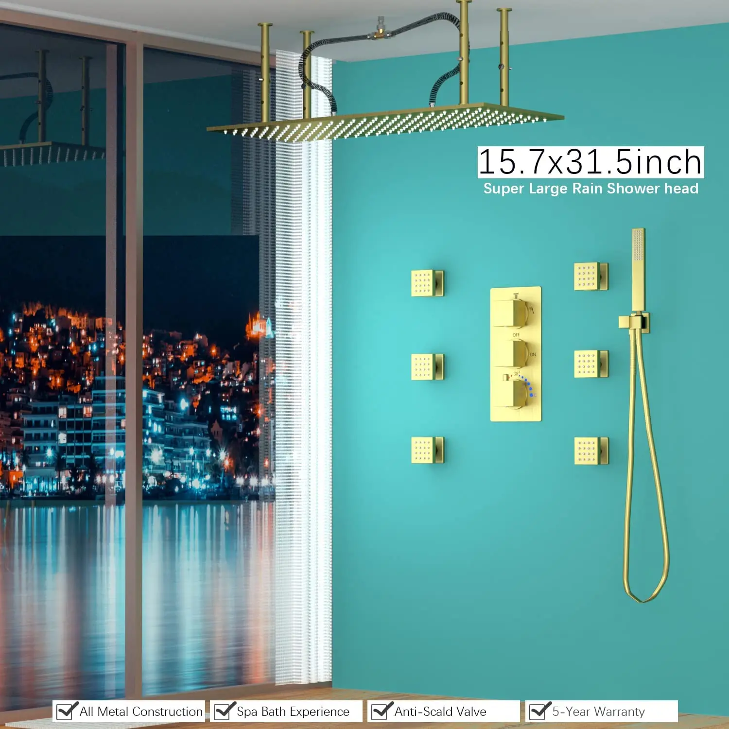 LED Rain Shower Head Faucet Combo Set Thermostatic Shower System