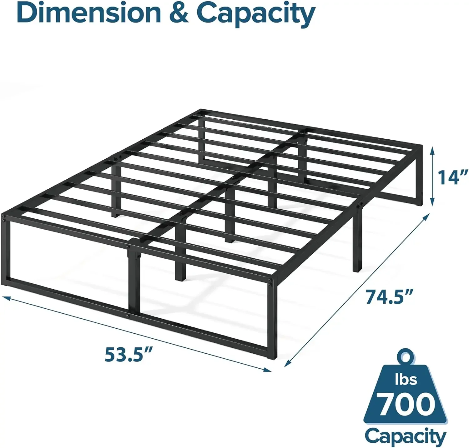 Full Size 14 Inch Metal Platform Bed Frame, Mattress Foundation with Steel Slat Support, No Box Spring Needed, Black