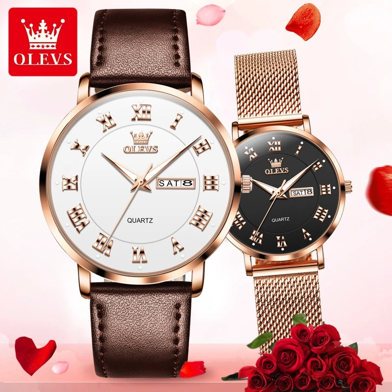 OLEVS 2920 العلامة التجارية الفاخرة كوارتز ساعة الزوجين موضة الأعمال مقاوم للماء التقويم ساعة رجالي أنيقة المرأة تاريخ زوجين ساعة