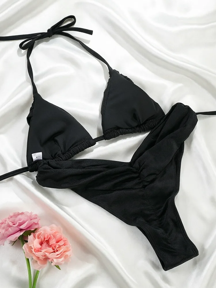 Rinabe Triangle Bikini 2026 Bandage Bikinis Black Swimwear High Cut Swimsuit Halter Swimsuits Two-Piece Bathing Suit