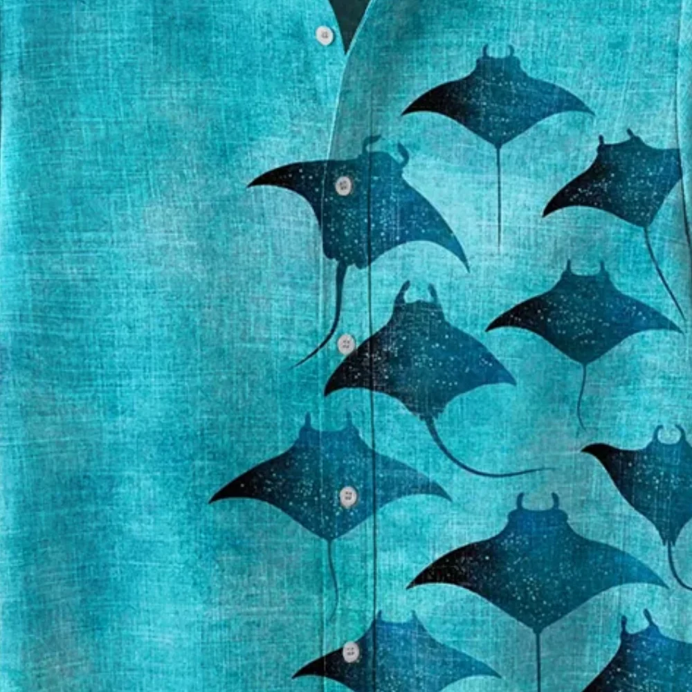 Bohemian Sea Men's Manta Rays Art Print Linen Blend Casual Shirt Young Japanese Single Breast Short Sleeve Summer Spring Blouses