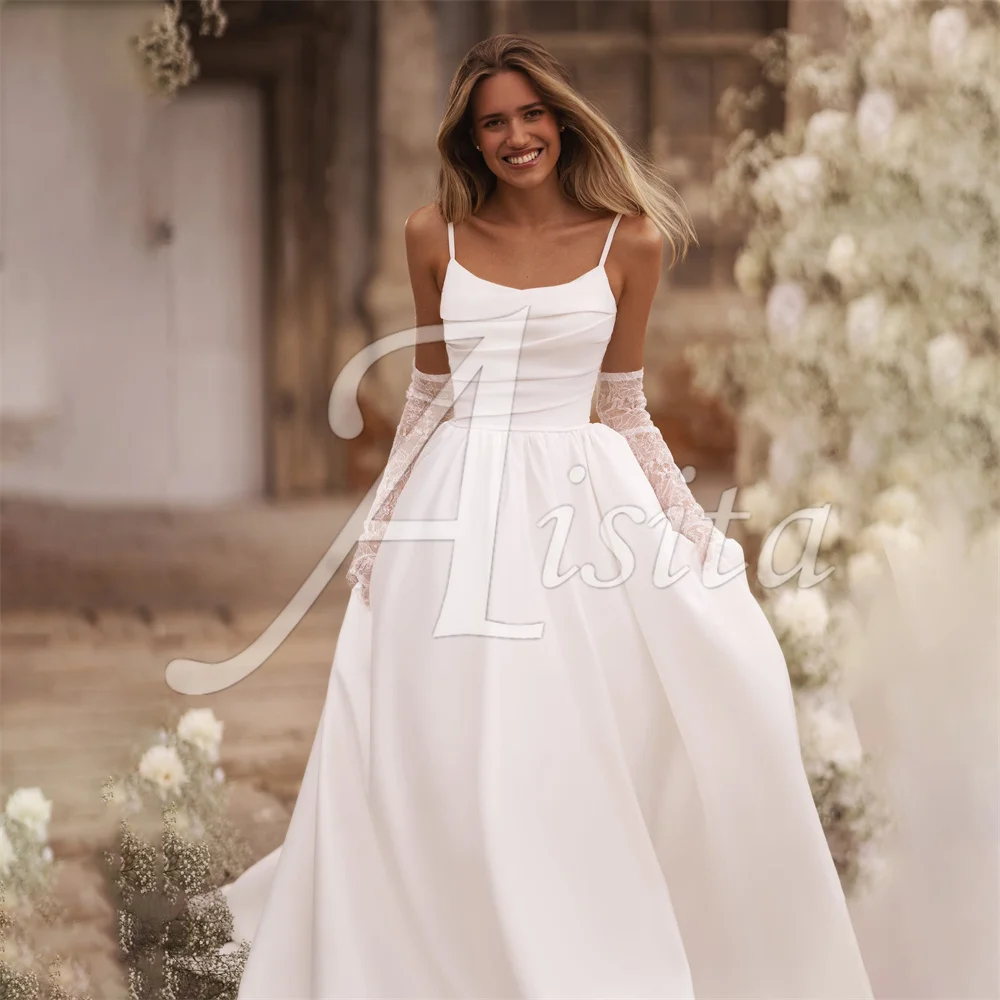 Boho A Line Wedding Dress Scoop Neck Spaghetti Strap personalizado Vestidos de Noiva Sem Mangas Noivas Vestidos Vestidos