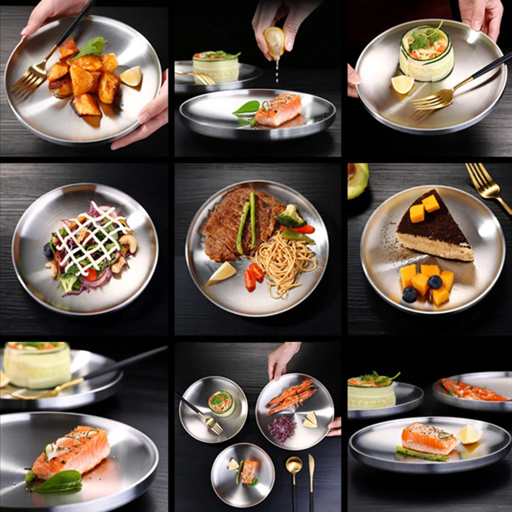 

304 Stainless Steel Round Dish 21Cm Double Wall Lightweight Wire Drawing Finish Non Slip Bottom Serving Plate For Food Fruit