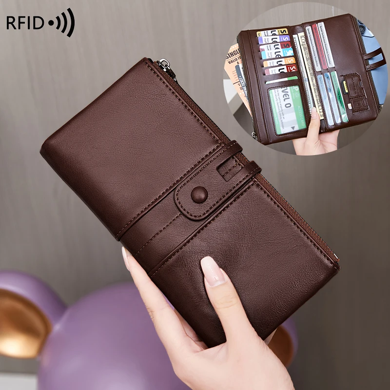 RFID 차단 대용량 여성용 지갑, 단색, 부드러운 가죽, 다기능 클러치 백, 지퍼, 남성용 장지갑 