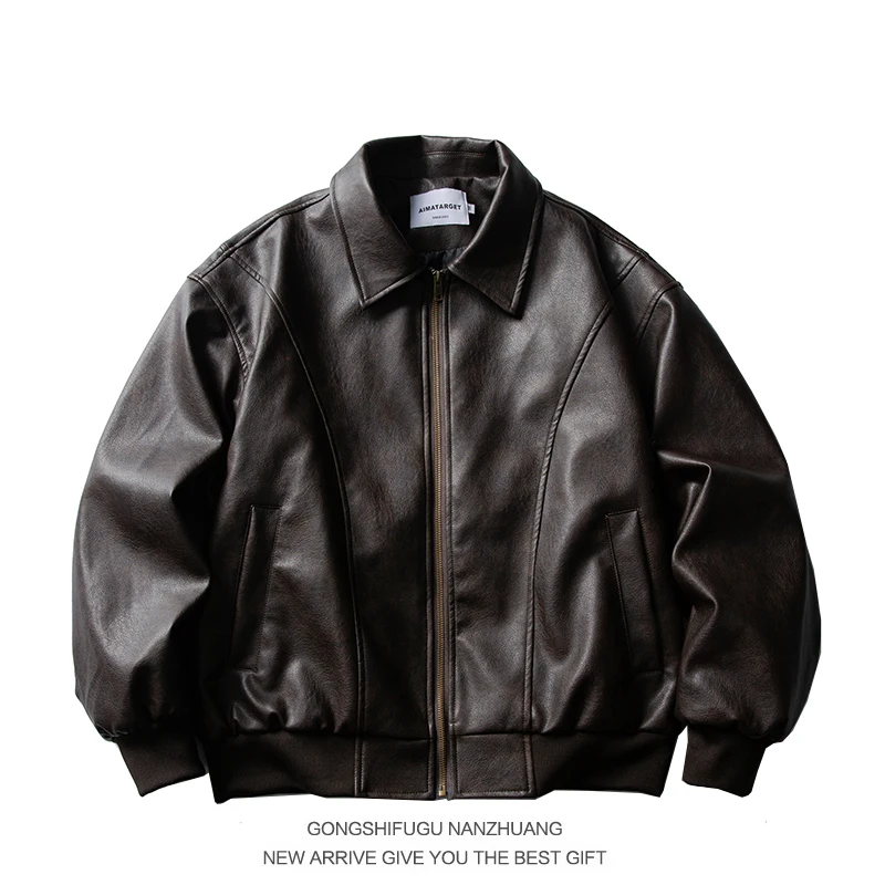 

American Retro Harington Collar PU Leather Jaet Loose Fit Motorcycle Sle ort Coat for Men And Women Cleanfit Design