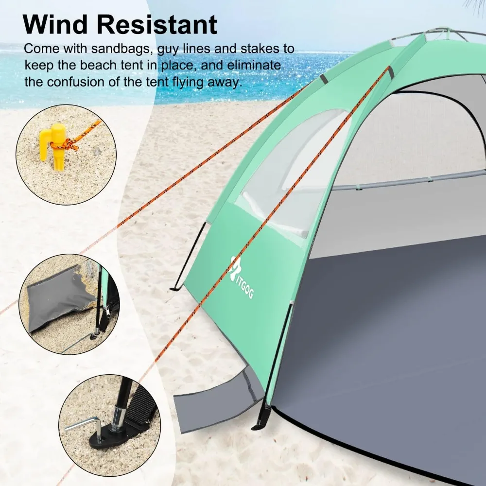 مأوى شاطئ عائلي محمول، خيمة شمسية محمية من الأشعة فوق البنفسجية تتسع لـ 3-4 أشخاص، خفيفة الوزن مع 3 نوافذ شبكية جيدة التهوية، قوية 8.0 مم