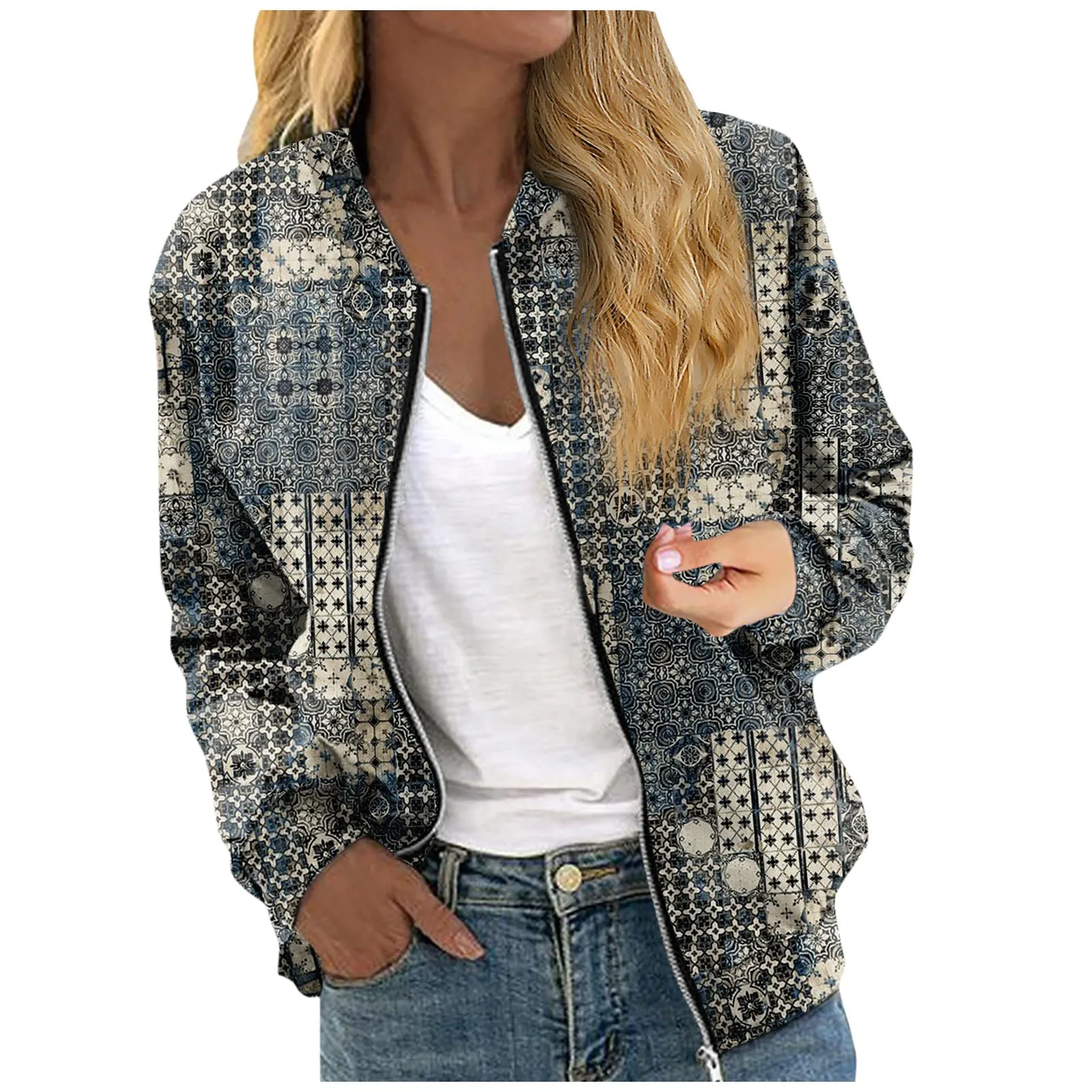 Chaquetas de manga larga con cremallera para mujer, prendas de vestir con estampado Vintage, informales, acolchadas, con bolsillos, 가을자켓