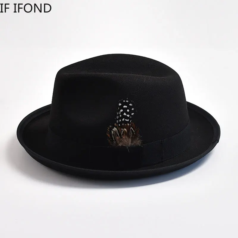 Fashion Men Woolen Blend Fedoras Hat with Feather British Style Trilby Jazz Hats Panama Party Wedding Hat sombreros de mujer