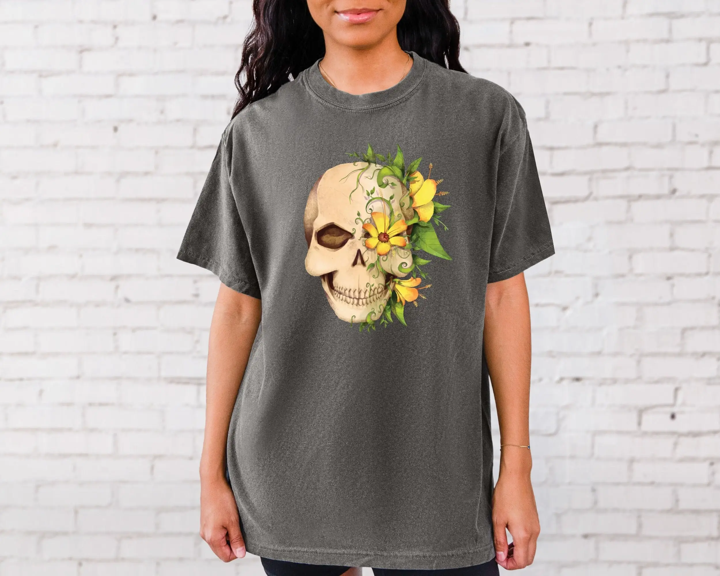 Comfort Colors Retro Floral Skull T Shirt Vintage and Flowers Skeleton Halloween