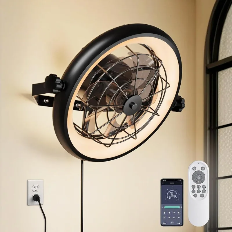 Bedroom wall-mounted fan light, American cage-mounted fan 360-degree rotating courtyard wall fan light fixture