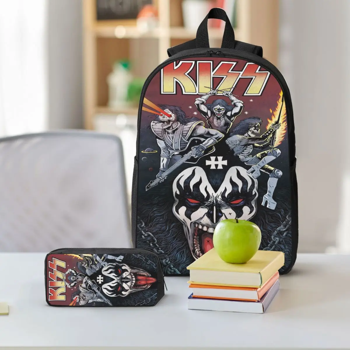 Kiss Band Rock Roll กระเป๋าเป้สะพายหลังเด็กกล่องอาหารกลางวันปากกากระเป๋าสําหรับชายหญิงกระเป๋าเป้สะพายหลัง Kawaii กระเป๋านักเรียน Bookbag ชุด
