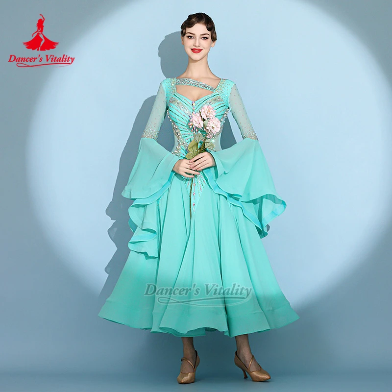 Adult Social Dance Refreshing Mint Green Long Sleeves Elegant Dress Custom Women Tango Waltz Perfor Clothing Dancer's Vitality