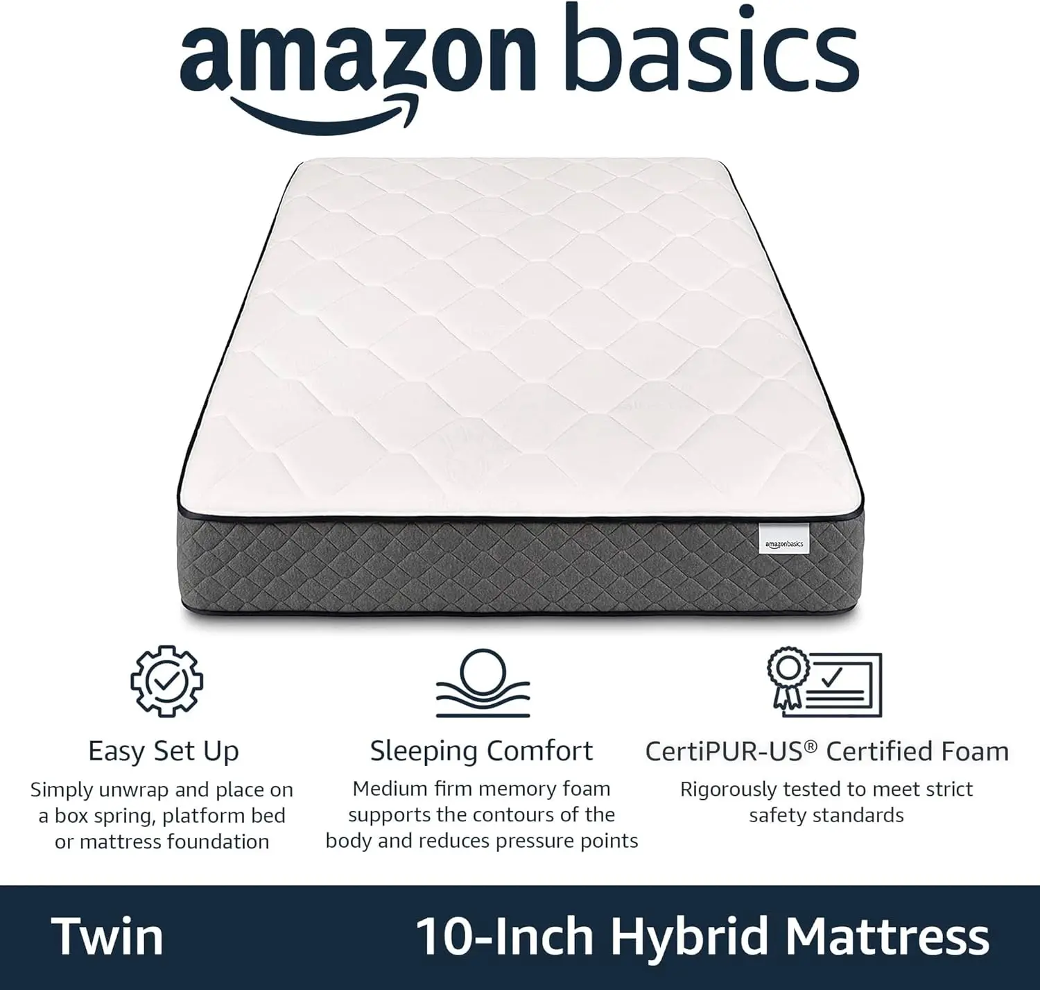 Foam Mattress, Twin Size Mattress, Hybrid, 10-Inch, Medium Feel, Motion Isolation Springs, White/Gray