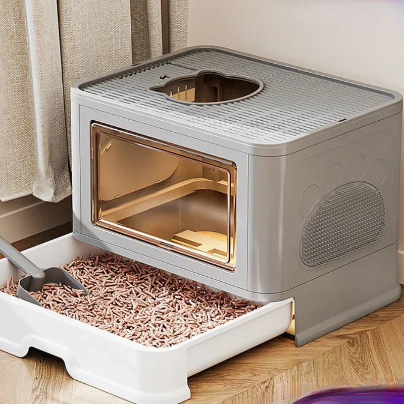 

Cat Litter Box Large Fully Enclosed Drawer Type Cat Toilet Splash Proof with Hair Rubbing Device Folding Cat Supplies