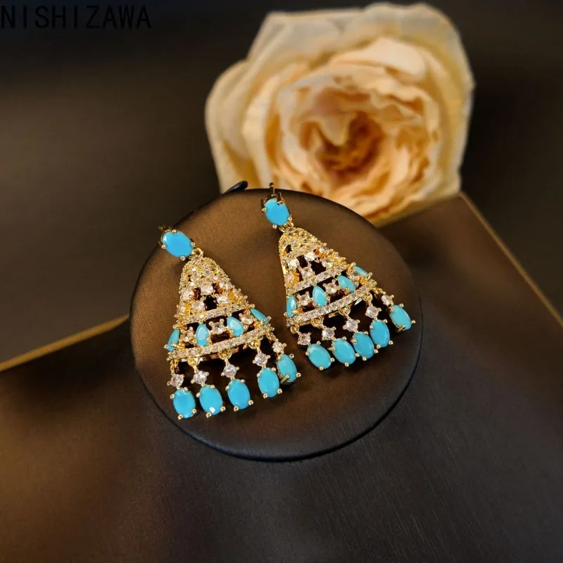 

NISHIZAWA Blue Zircon Earrings for Women Tassels Palace Style Vintage Elegant Jewelry Sweet Fashion Aretes De Mujer