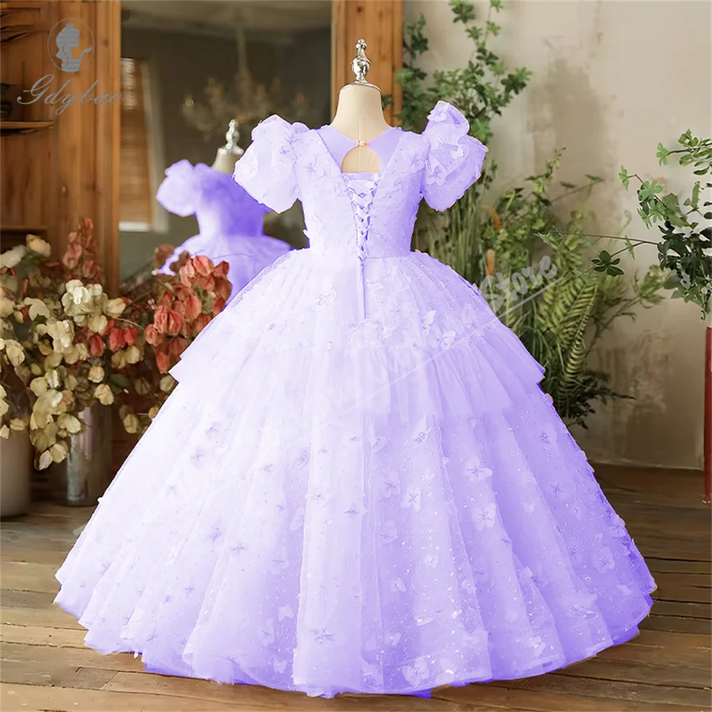 Pink Princess Dress Kids Prom Flower Pearl Neckline Performance Girl Puffy Tulle Pageant Gown Beauty Pageant Children Piano
