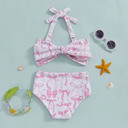Girls 2-Piece Swimsuit Set with Cute Bow Print Halter Neck Bikini Top and Stretchy Shorts - Summer Beachwear for Kids