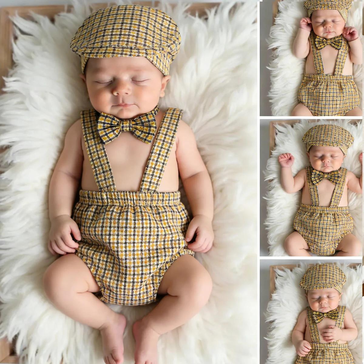 

Комплект для фотосессии новорожденного мальчика: костюм маленького джентльмена с клетчатыми брюками на подтяжках, кепкой и галстуком-бабочкой, реквизит для фотосессии младенцев